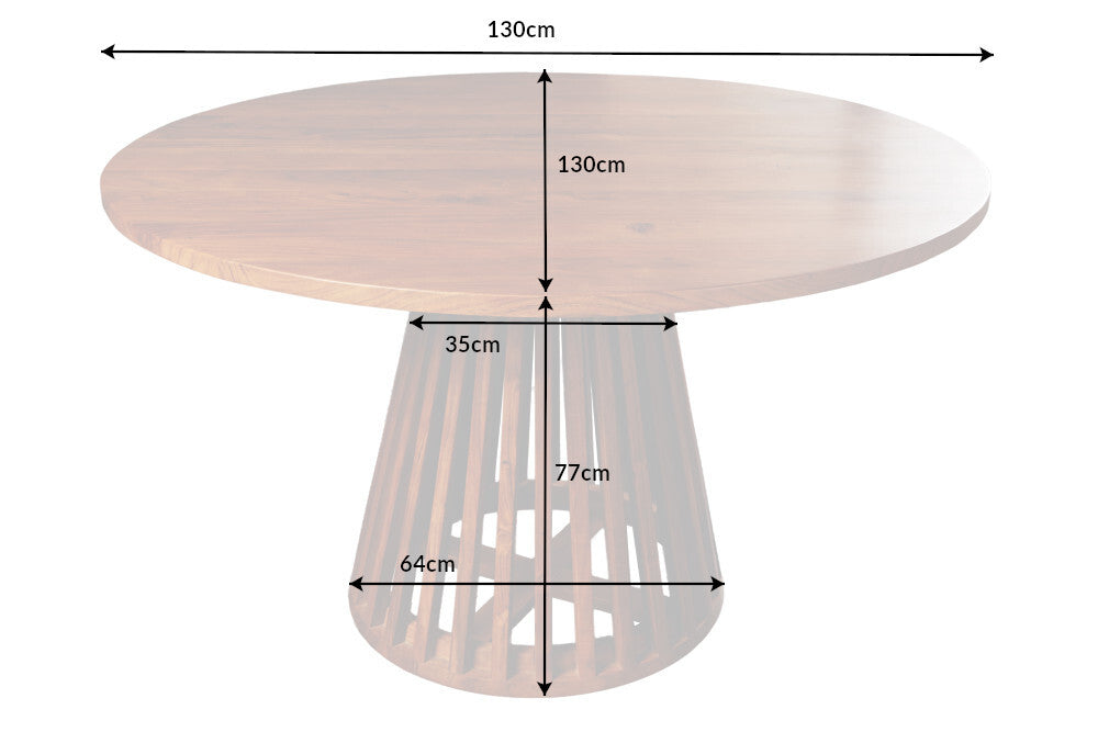 Table à manger ronde MAISON JADE 130cm piètement pilier en bois massif d'acacia naturel