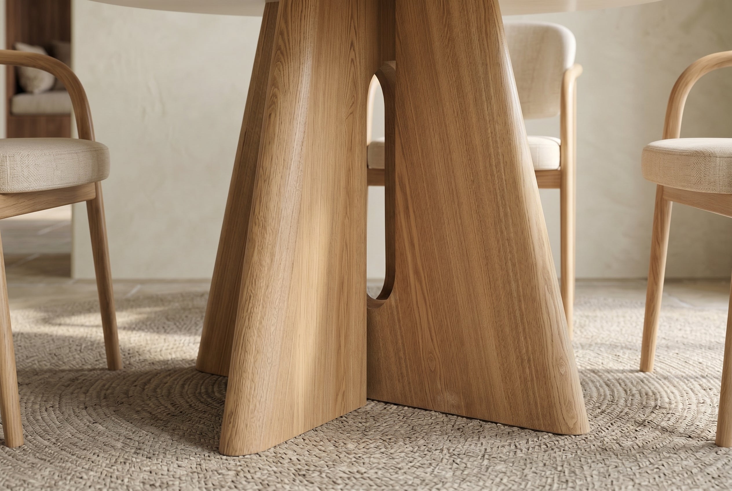 Table à manger ronde ORGANIKO 120cm bois de chêne naturel céramique travertin