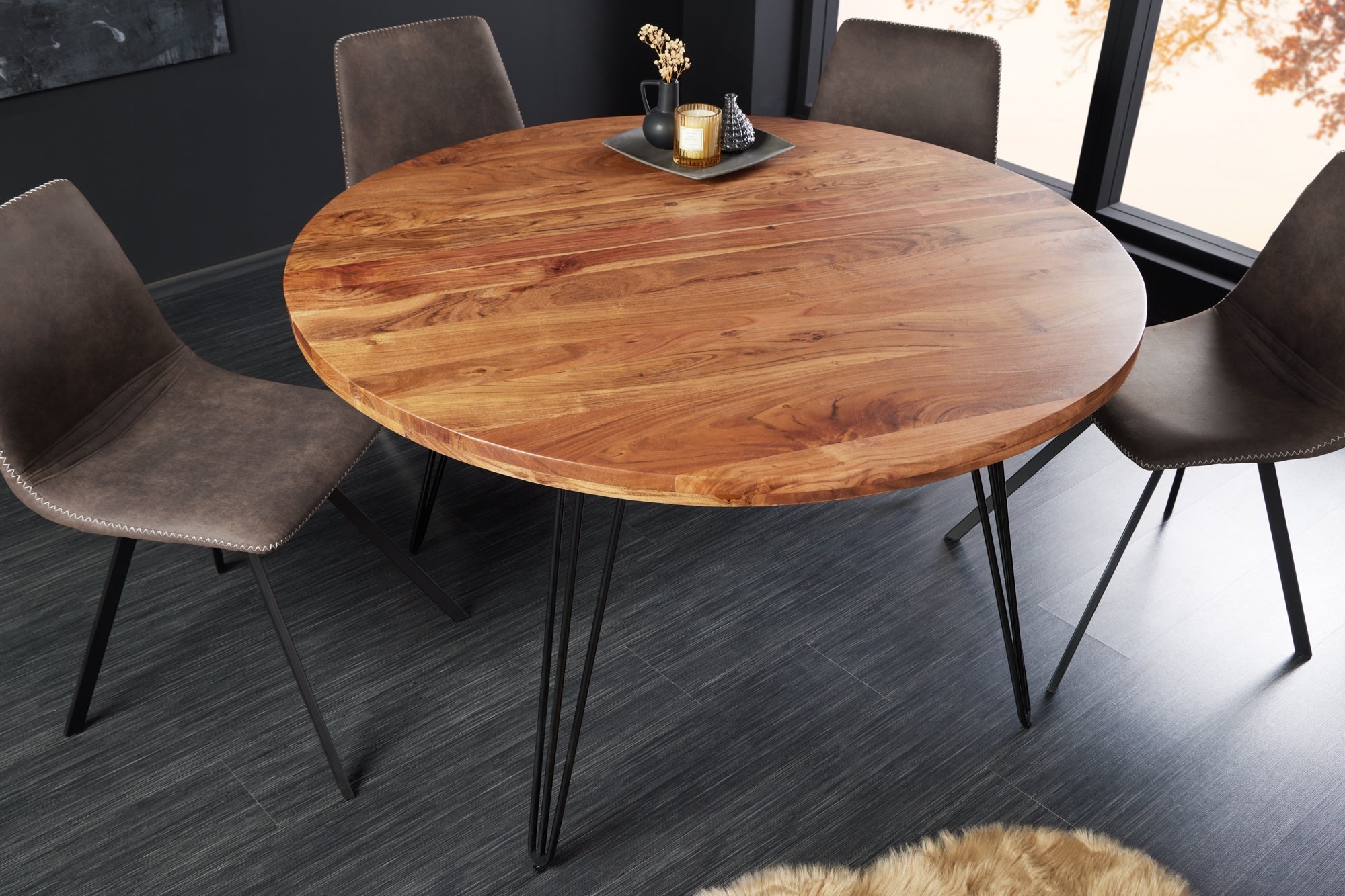 Table à manger ronde SCORPION 120cm en bois massif d’acacia naturel pieds en épingle design rétro