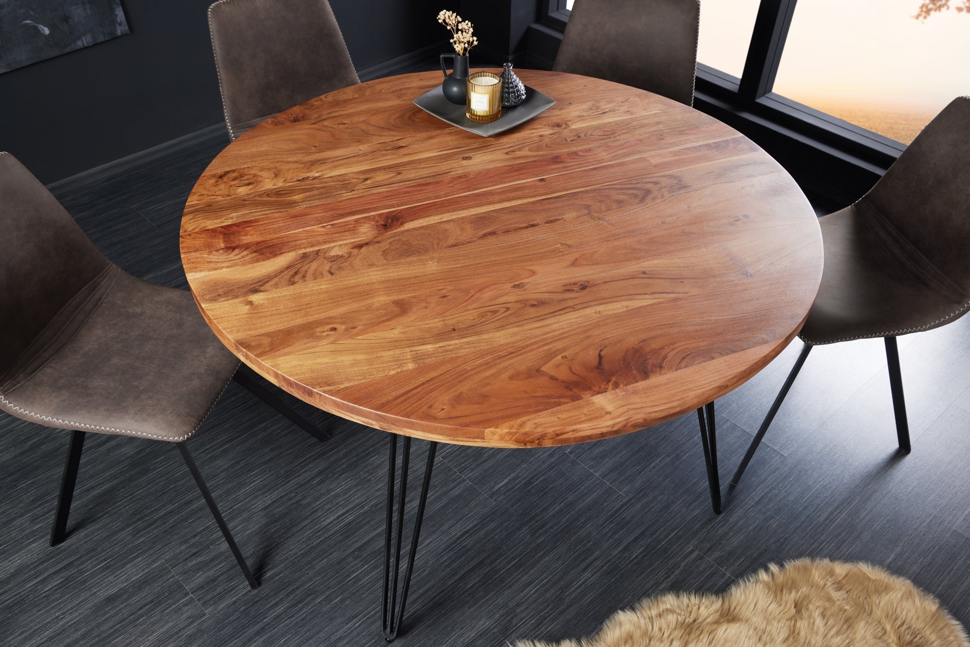 Table à manger ronde SCORPION 120cm en bois massif d’acacia naturel pieds en épingle design rétro