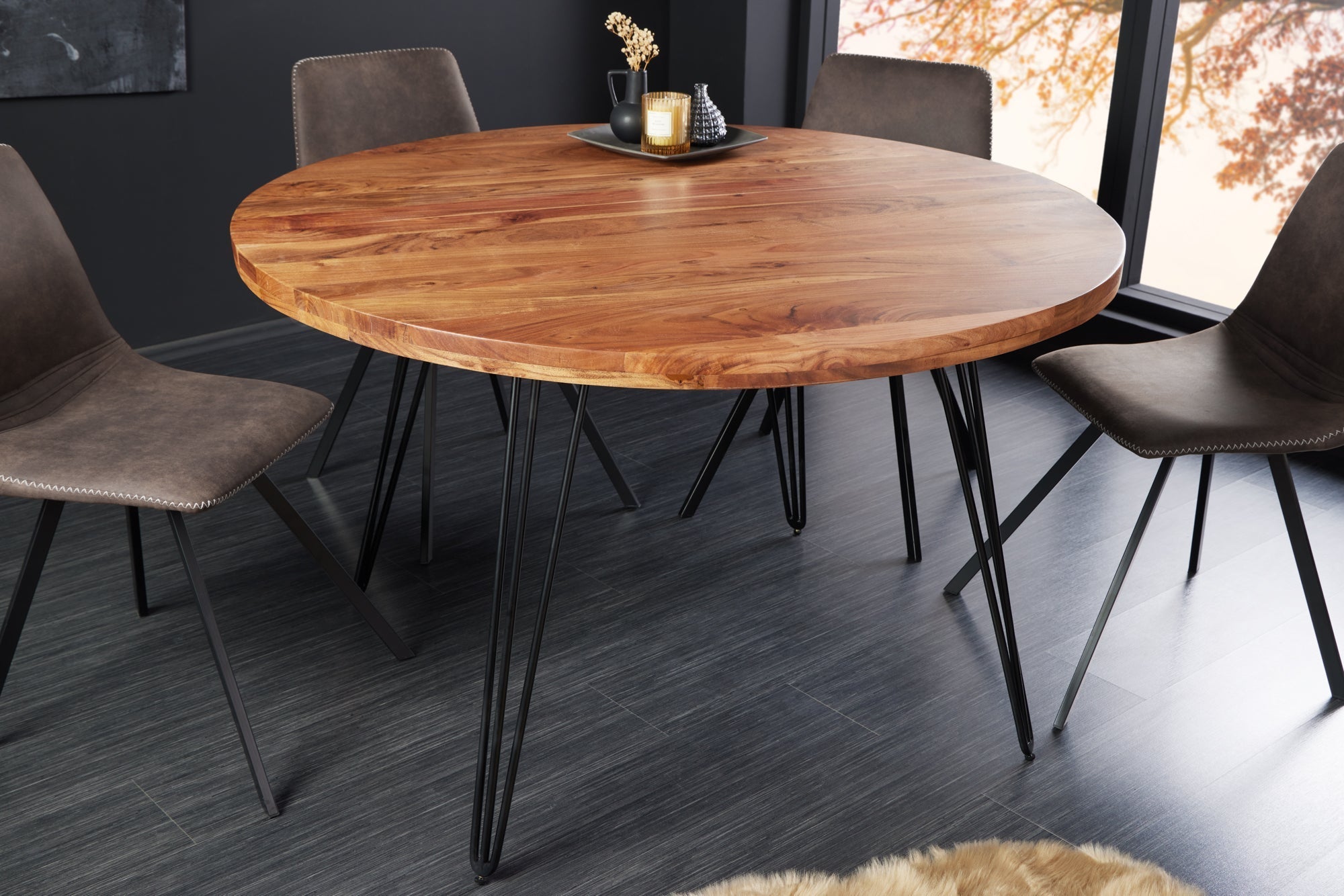 Table à manger ronde SCORPION 120cm en bois massif d’acacia naturel pieds en épingle design rétro