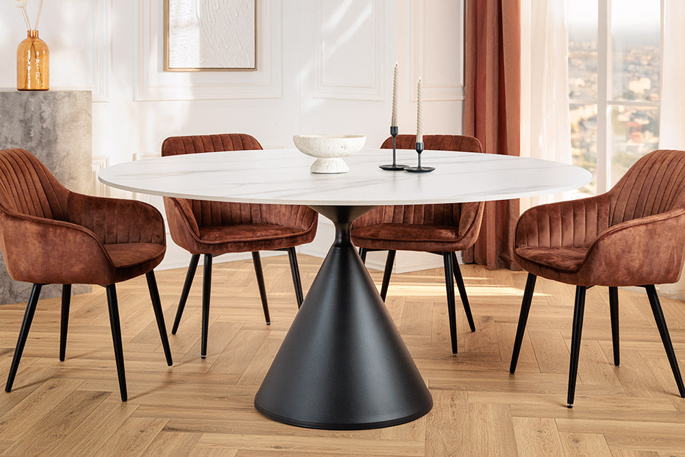 Table à manger ronde SIGNATURE 135cm marbre blanc céramique structure métal noir piètement colonne