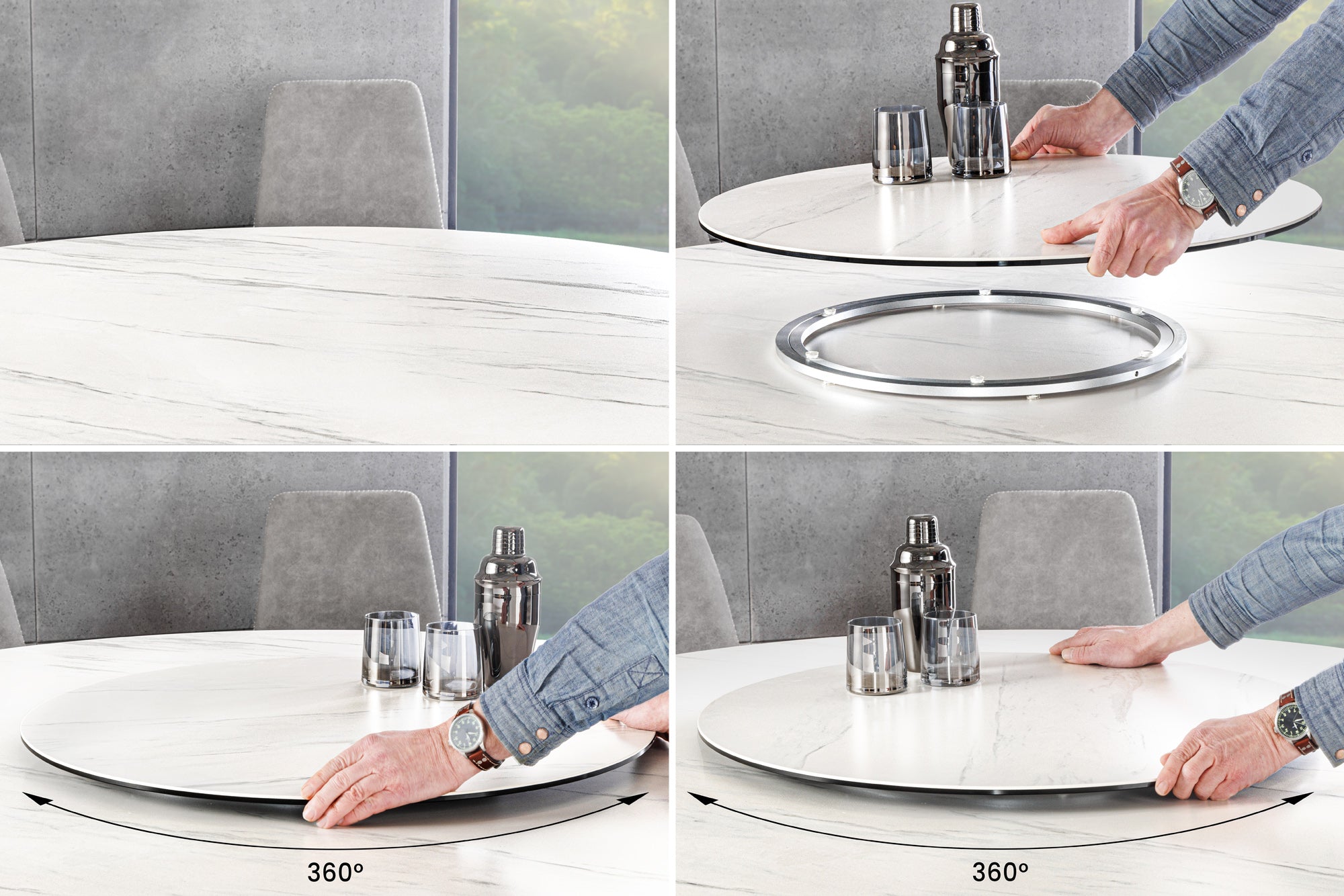 SPIN Mesa de comedor redonda blanca de 150 cm con tablero de mármol cerámico negro giratorio 360
