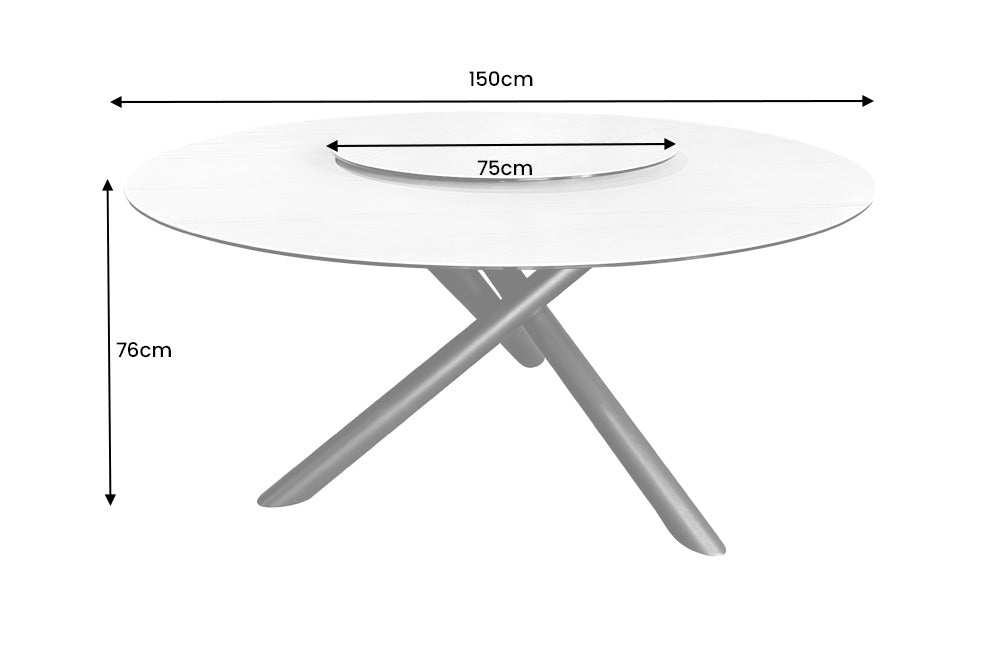 SPIN Mesa de comedor redonda blanca de 150 cm con tablero de mármol cerámico negro giratorio 360