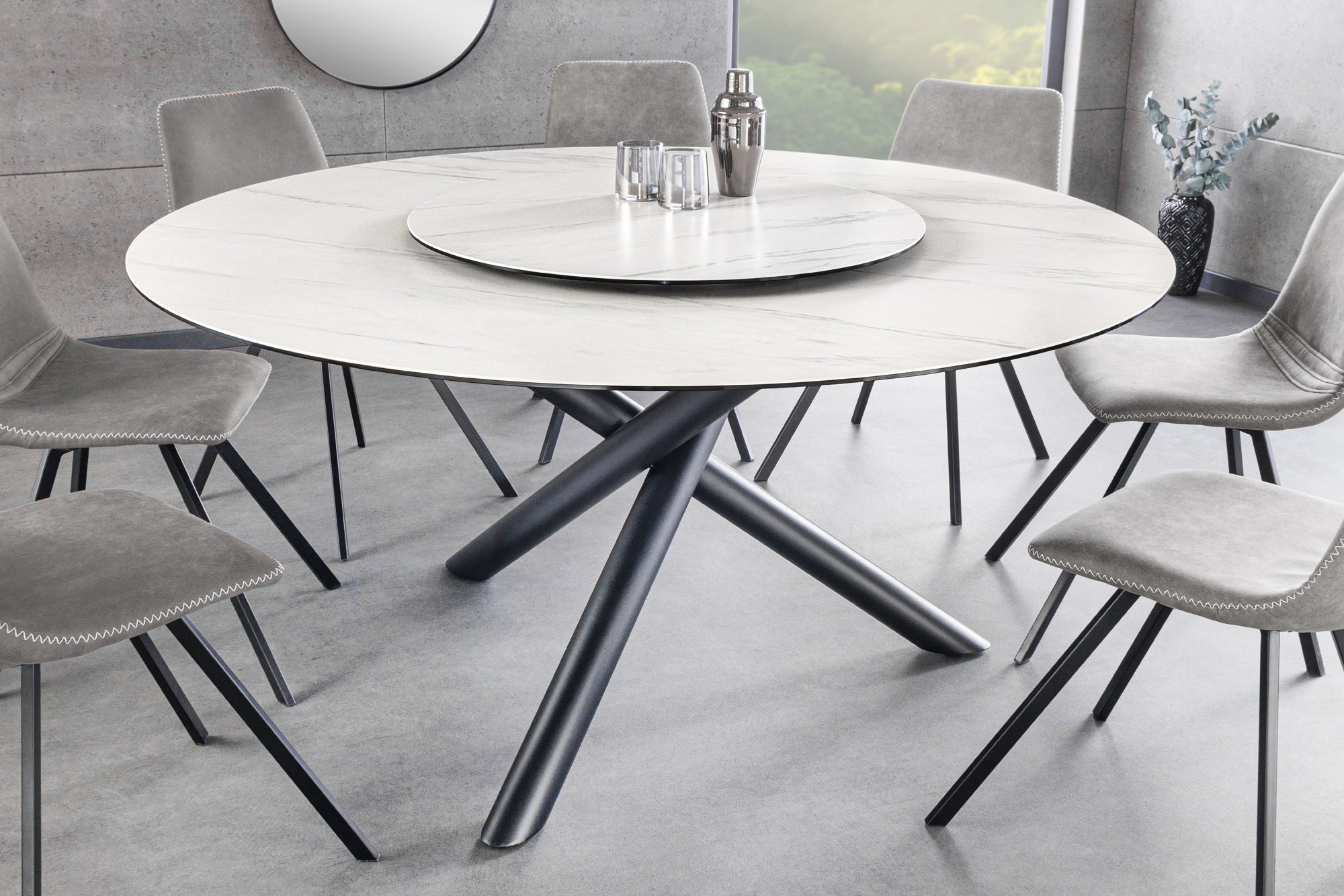 SPIN Mesa de comedor redonda blanca de 150 cm con tablero de mármol cerámico negro giratorio 360