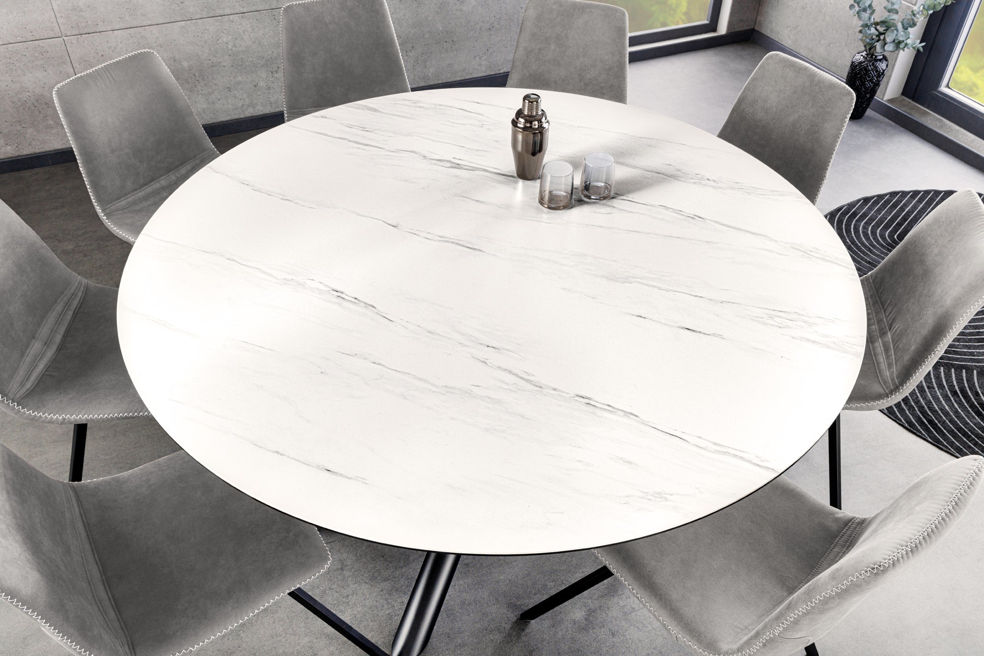 SPIN Mesa de comedor redonda blanca de 150 cm con tablero de mármol cerámico negro giratorio 360