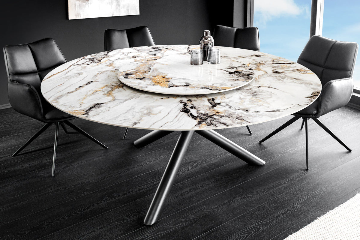 Table à manger ronde SPIN 150cm blanc gris or plateau de service rotatif à 360° Aurora Oro céramique