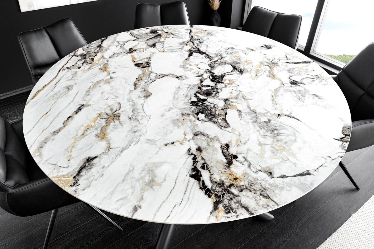 Table à manger ronde SPIN 150cm blanc gris or plateau de service rotatif à 360° Aurora Oro céramique