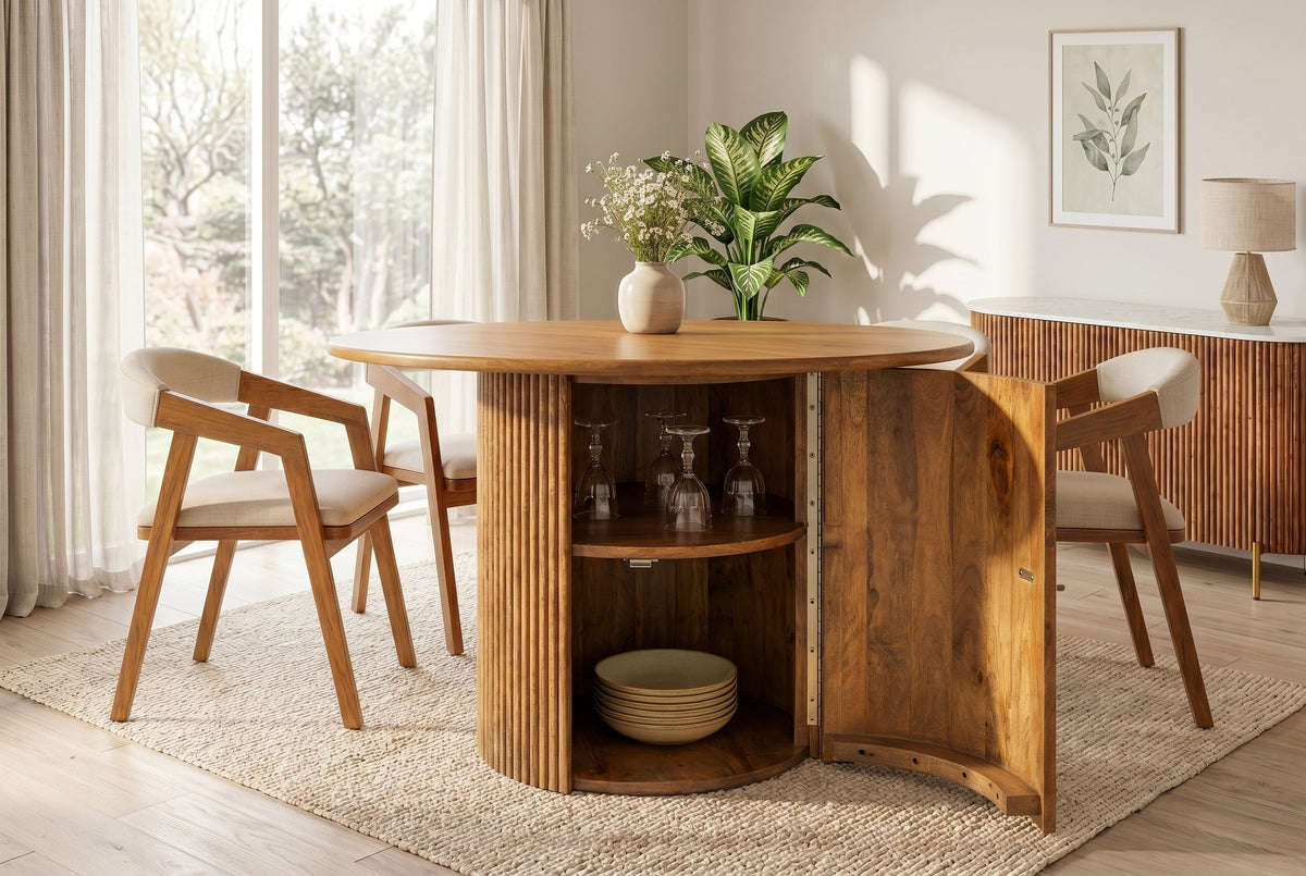Table à manger ronde TRES CHIC 120cm en manguier massif marron avec rangements