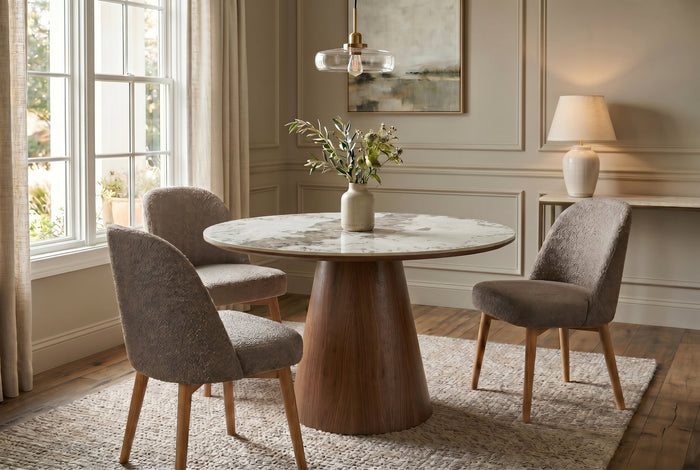 Table à manger ronde UNIQUE 120cm blanc gris marron Pandora piètement pilier en céramique noyer