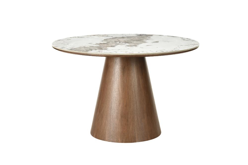 Table à manger ronde UNIQUE 120cm blanc gris marron Pandora piètement pilier en céramique noyer