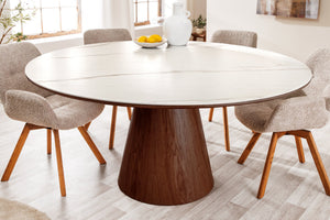 Table à manger ronde UNIQUE 120cm blanc marron noyer bois céramique marbre base pilier