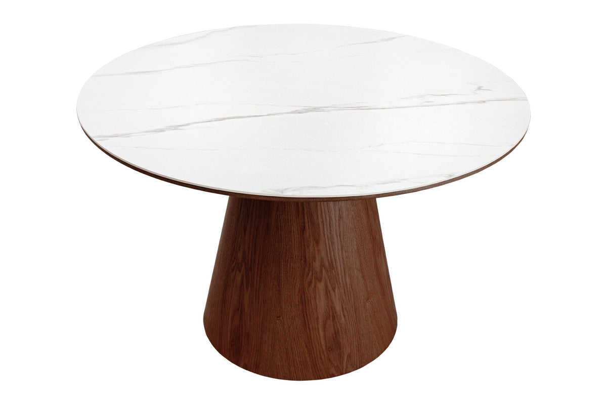 Table à manger ronde UNIQUE 120cm blanc marron noyer bois céramique marbre base pilier