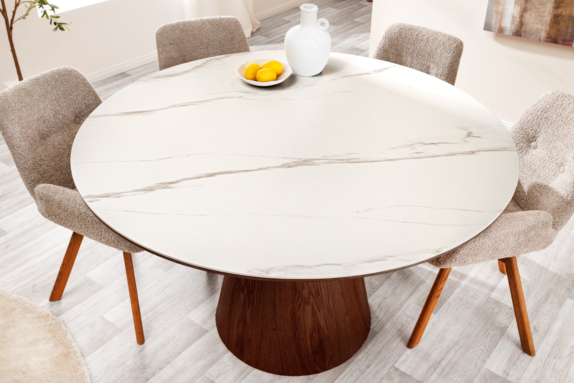 Table à manger ronde UNIQUE 120cm blanc marron noyer bois céramique marbre base pilier