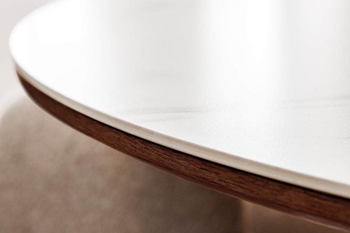 Table à manger ronde UNIQUE 120cm blanc marron noyer bois céramique marbre base pilier