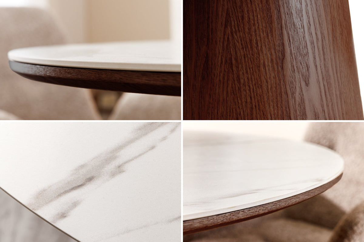 Table à manger ronde UNIQUE 120cm blanc marron noyer bois céramique marbre base pilier