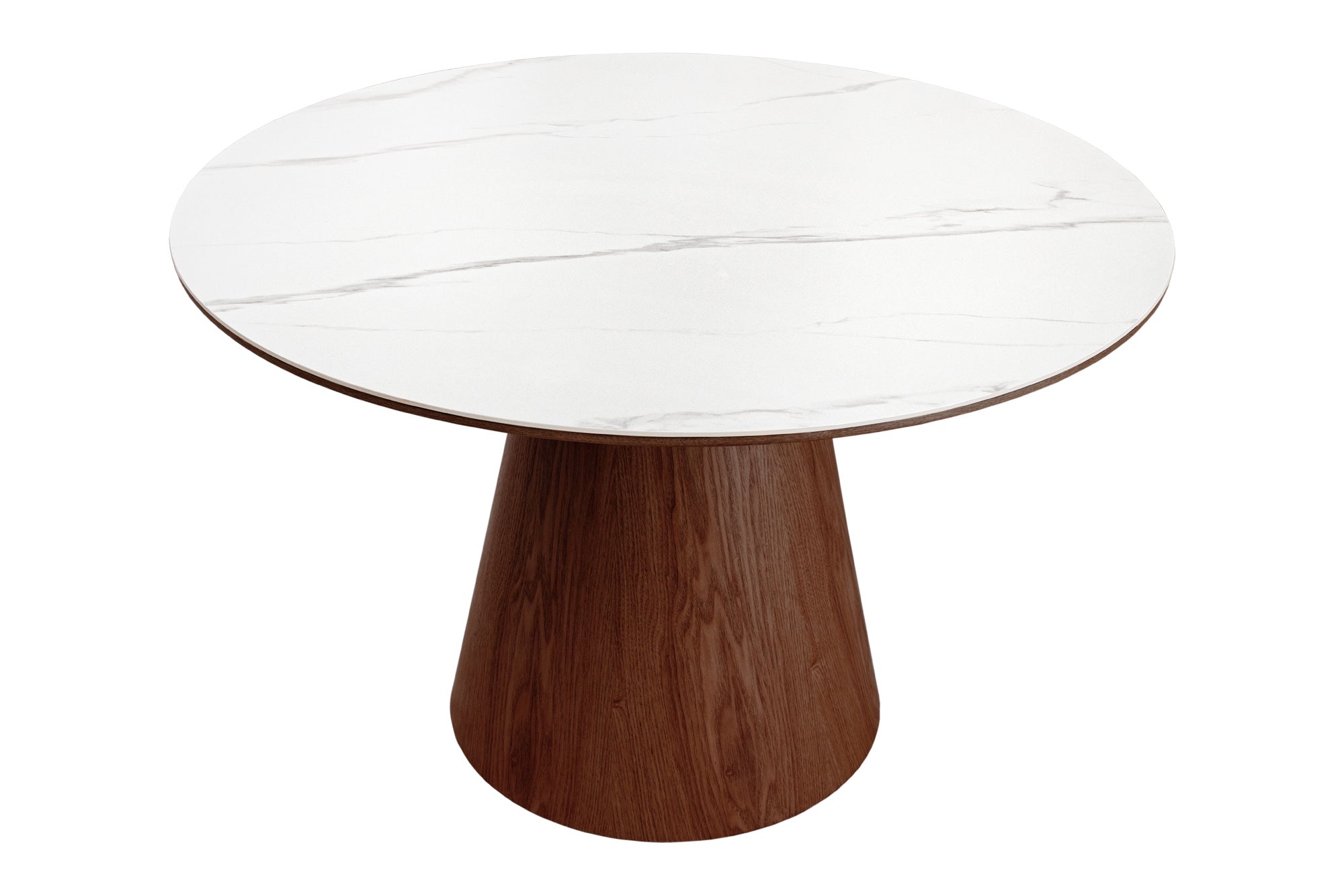 Table à manger ronde UNIQUE 120cm blanc marron noyer bois céramique marbre base pilier