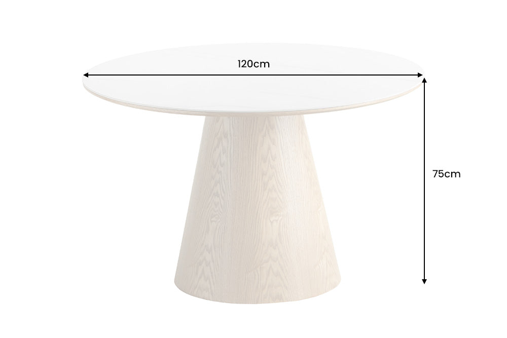 Table à manger ronde UNIQUE 120cm bois de chêne naturel blanc base colonne en marbre céramique