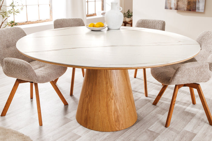 Table à manger ronde UNIQUE 120cm bois de chêne naturel blanc céramique base pilier en marbre