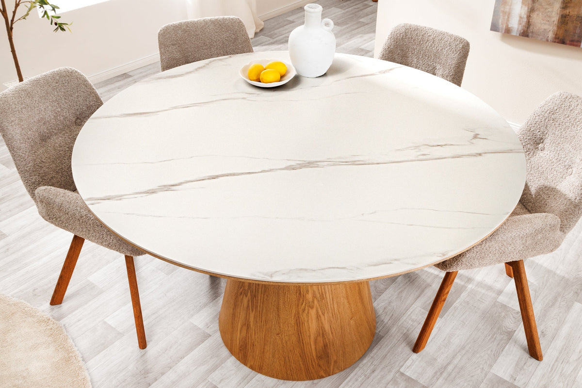Table à manger ronde UNIQUE 120cm bois de chêne naturel blanc céramique base pilier en marbre