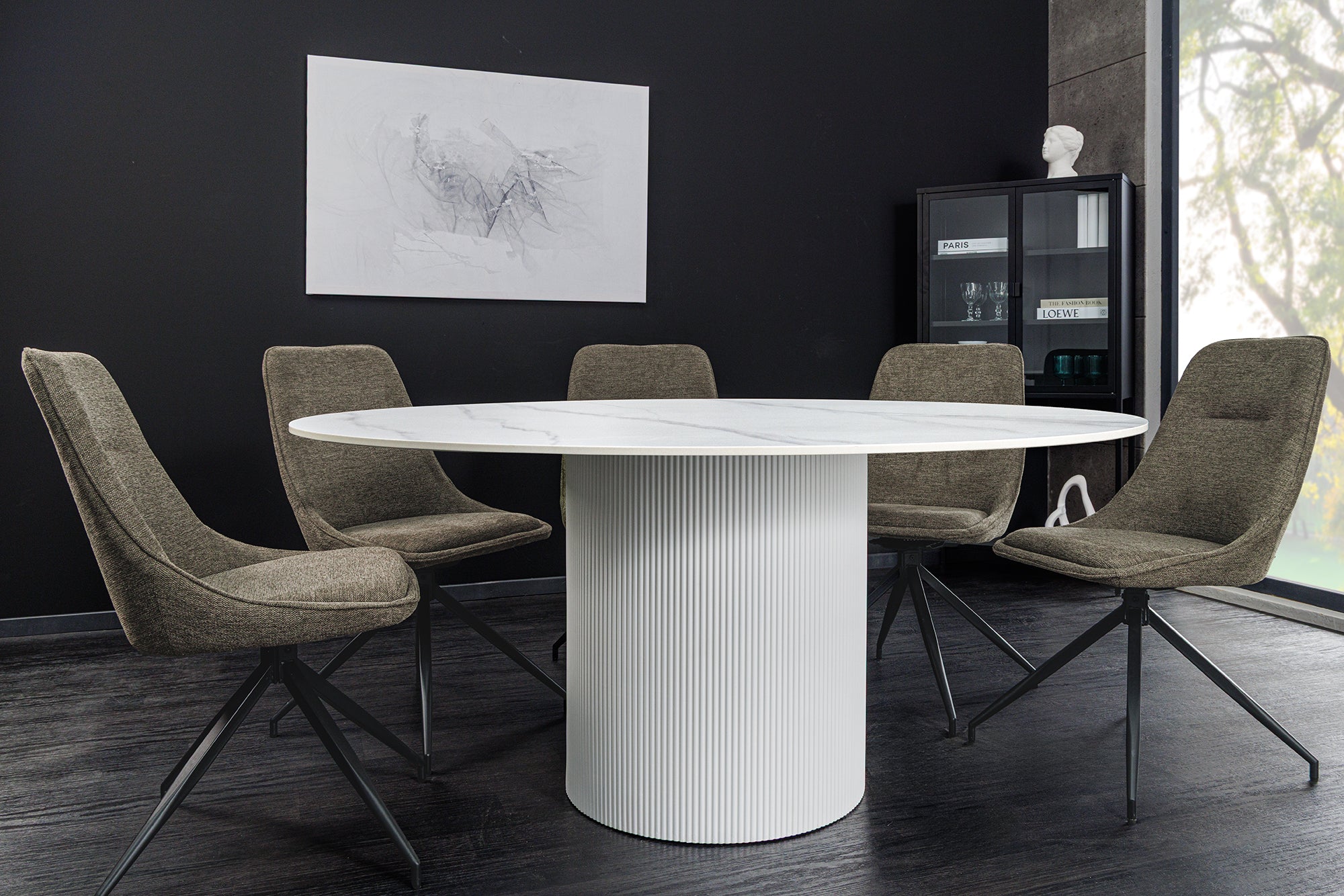 Mesa de comedor de cerámica blanca redonda de 120 cm con base de columna UNIQUE