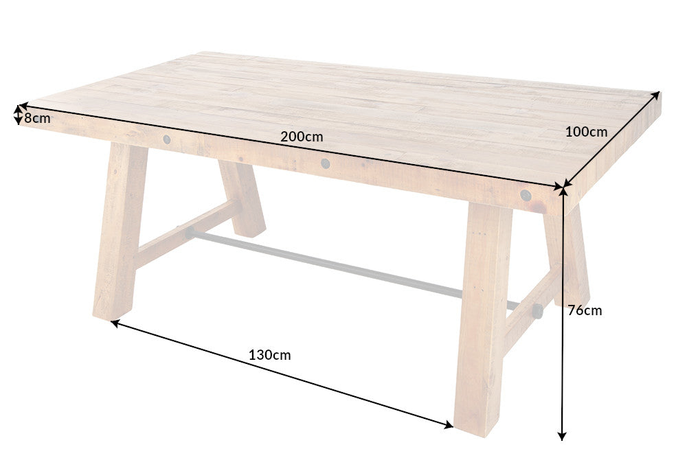 FINCA Mesa de comedor maciza marrón vintage de 200 cm en pino recuperado, diseño industrial