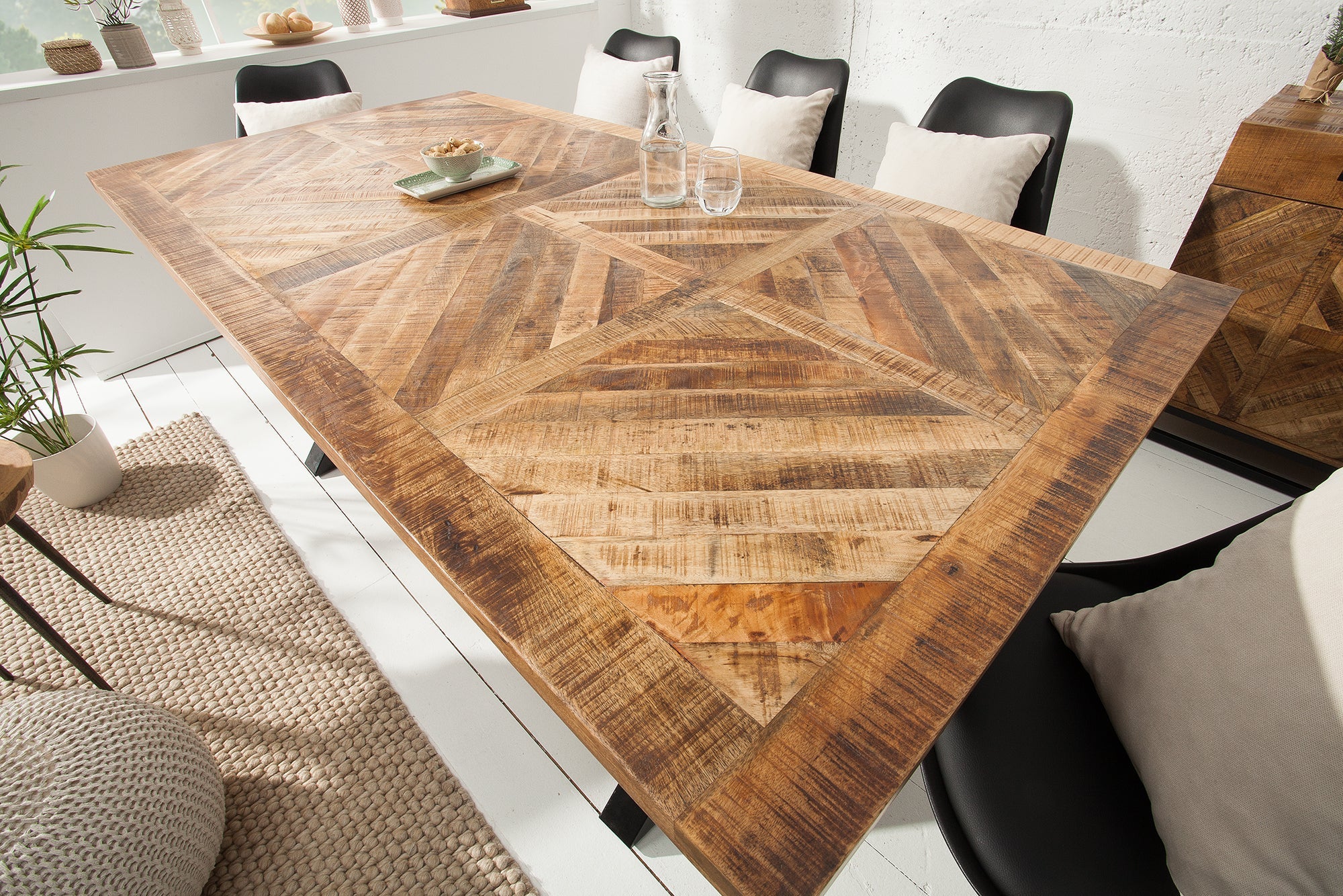 INFINITY HOME Mesa de comedor maciza de 160 cm en madera de mango natural negro, diseño industrial, estructura en forma de X