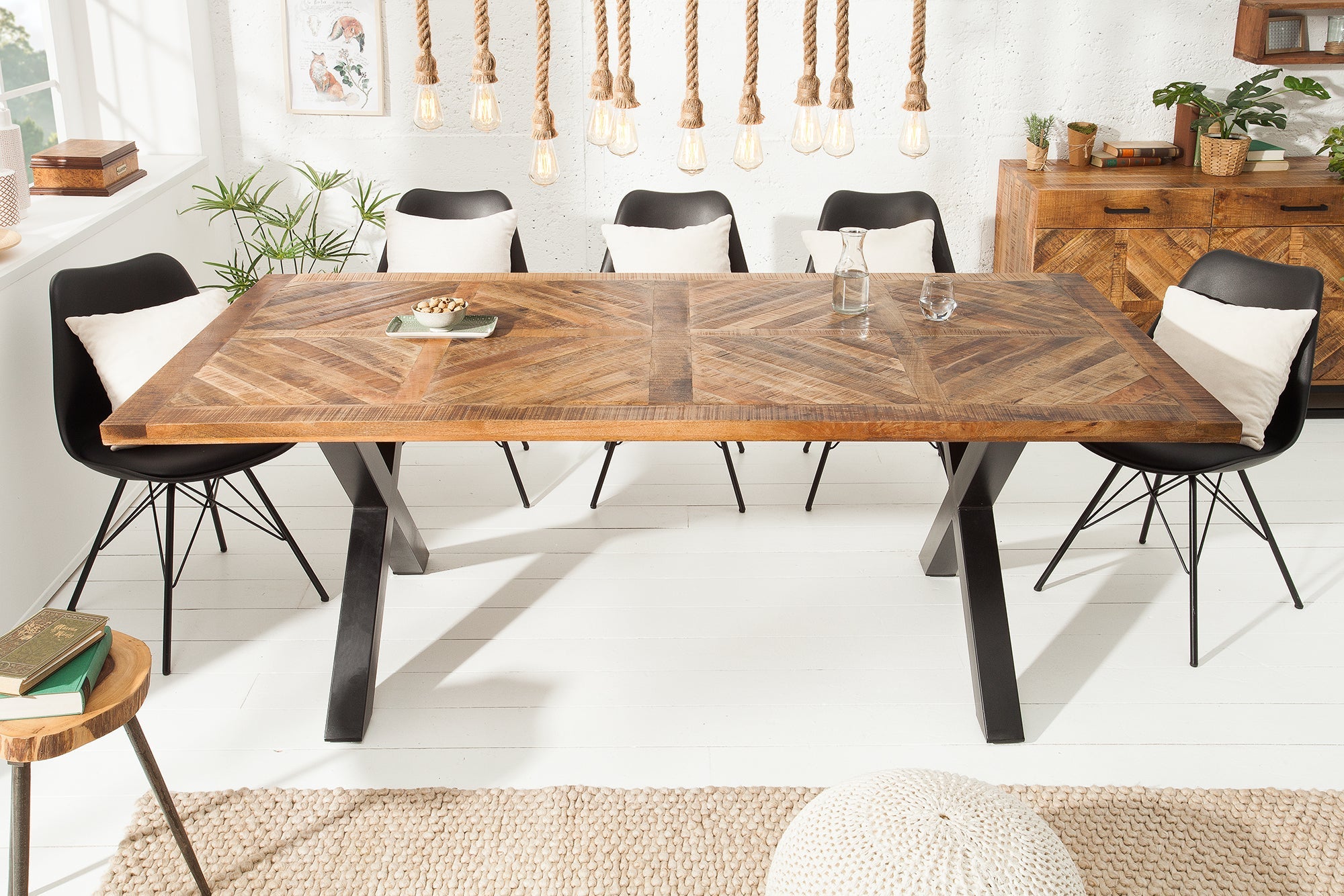 INFINITY HOME Mesa de comedor maciza de 160 cm en madera de mango natural negro, diseño industrial, estructura en forma de X