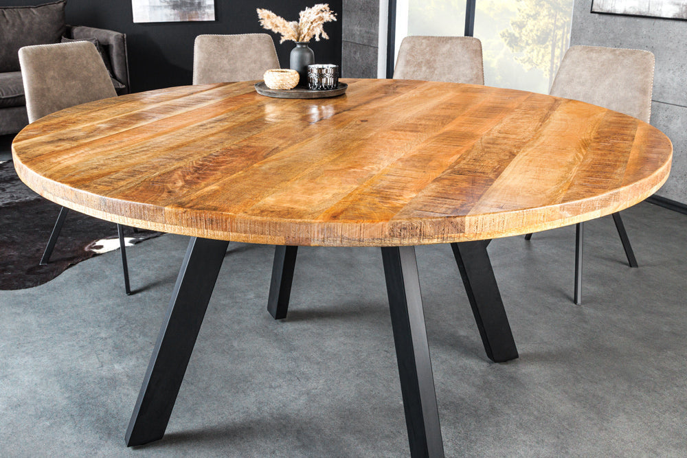 Table à manger solide IRON CRAFT 140cm ronde en manguier naturel métal design industriel