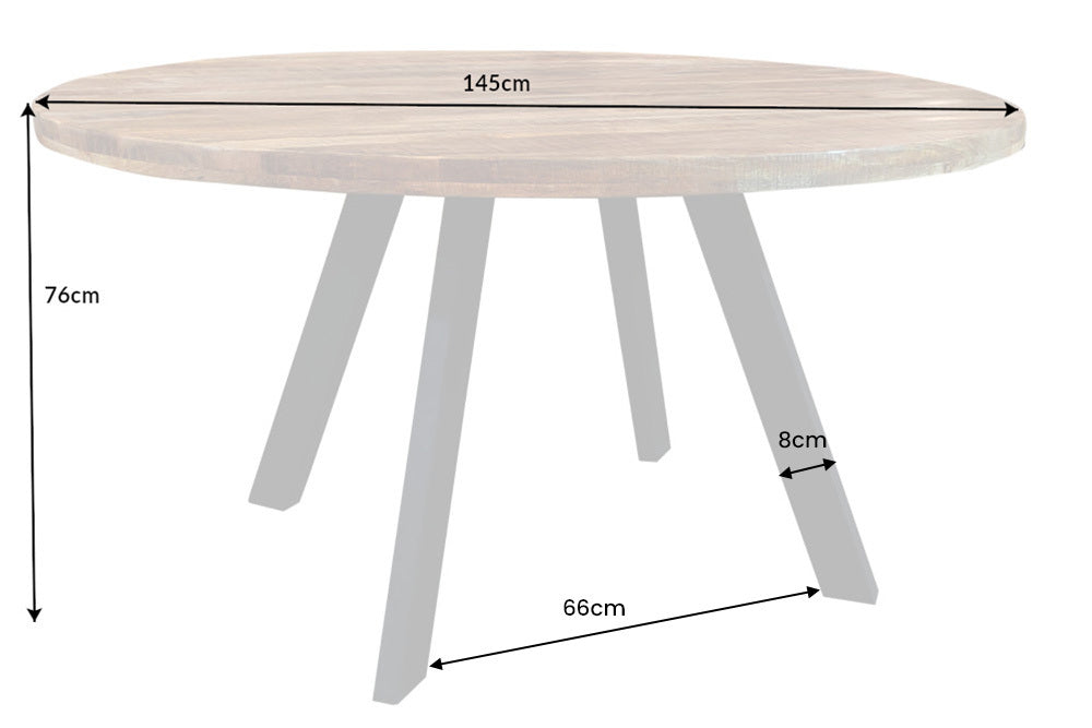Mesa de comedor maciza IRON CRAFT 145cm redonda madera de mango natural metal diseño industrial