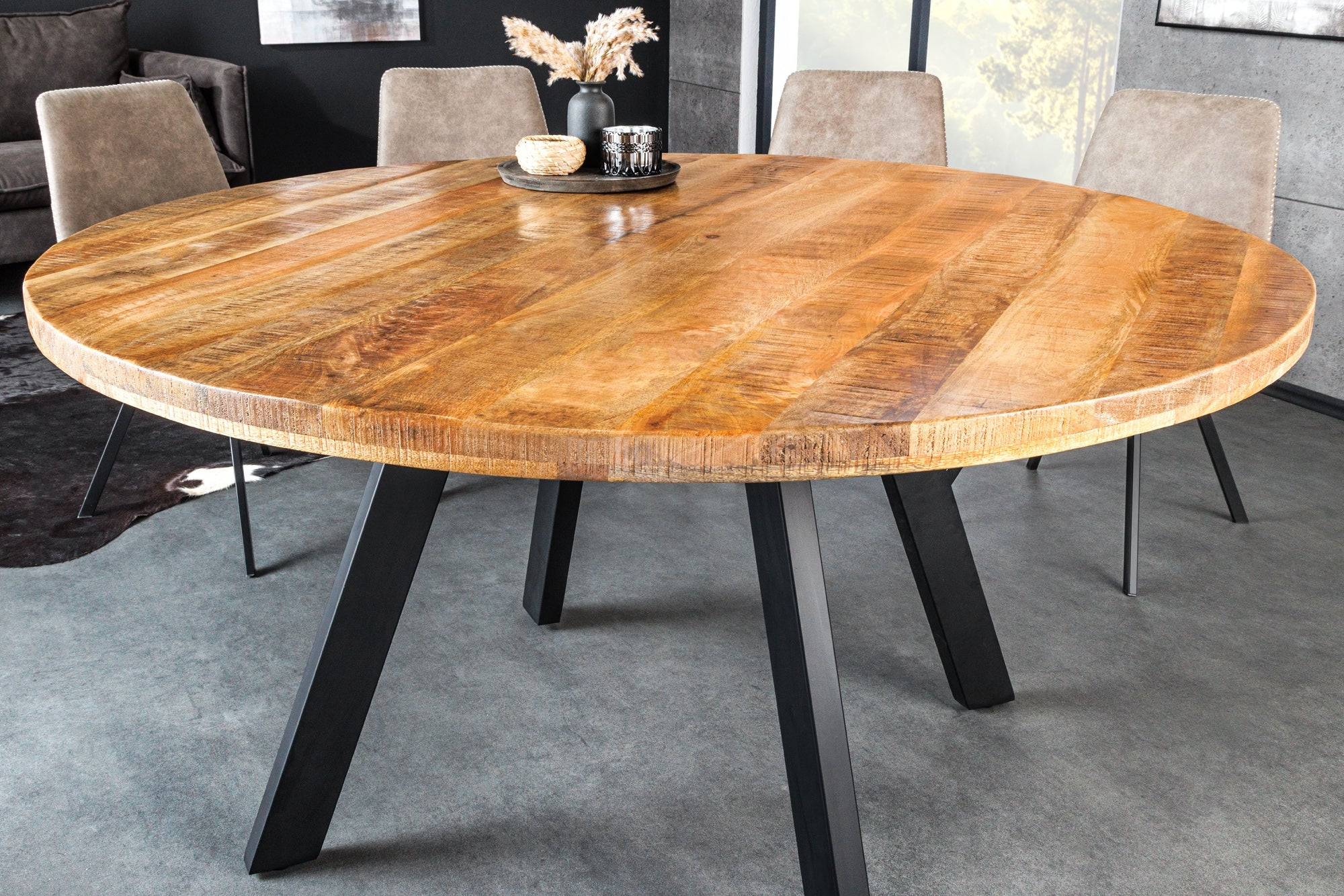 Mesa de comedor maciza IRON CRAFT 145cm redonda madera de mango natural metal diseño industrial
