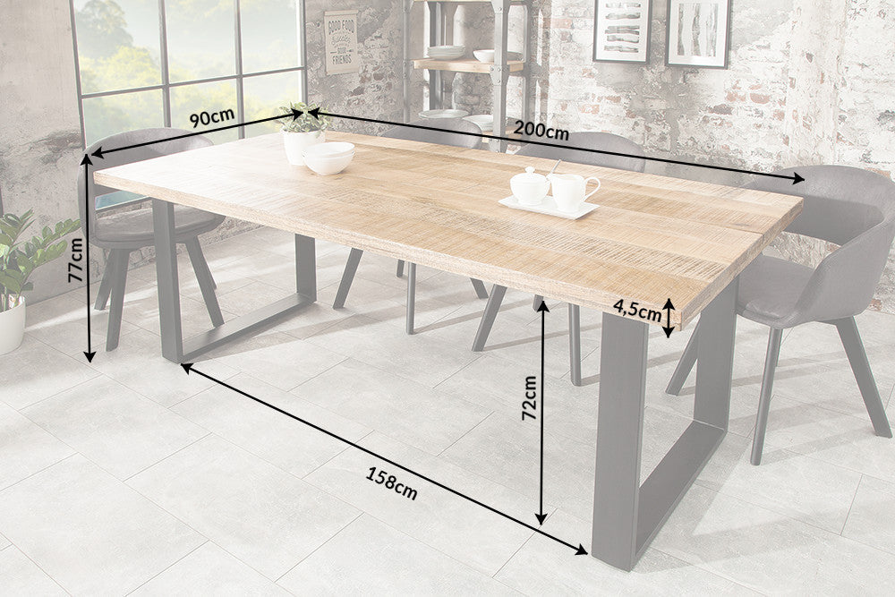 IRON CRAFT Mesa de comedor maciza de 200 cm en madera de mango natural, estructura voladiza de hierro, diseño industrial