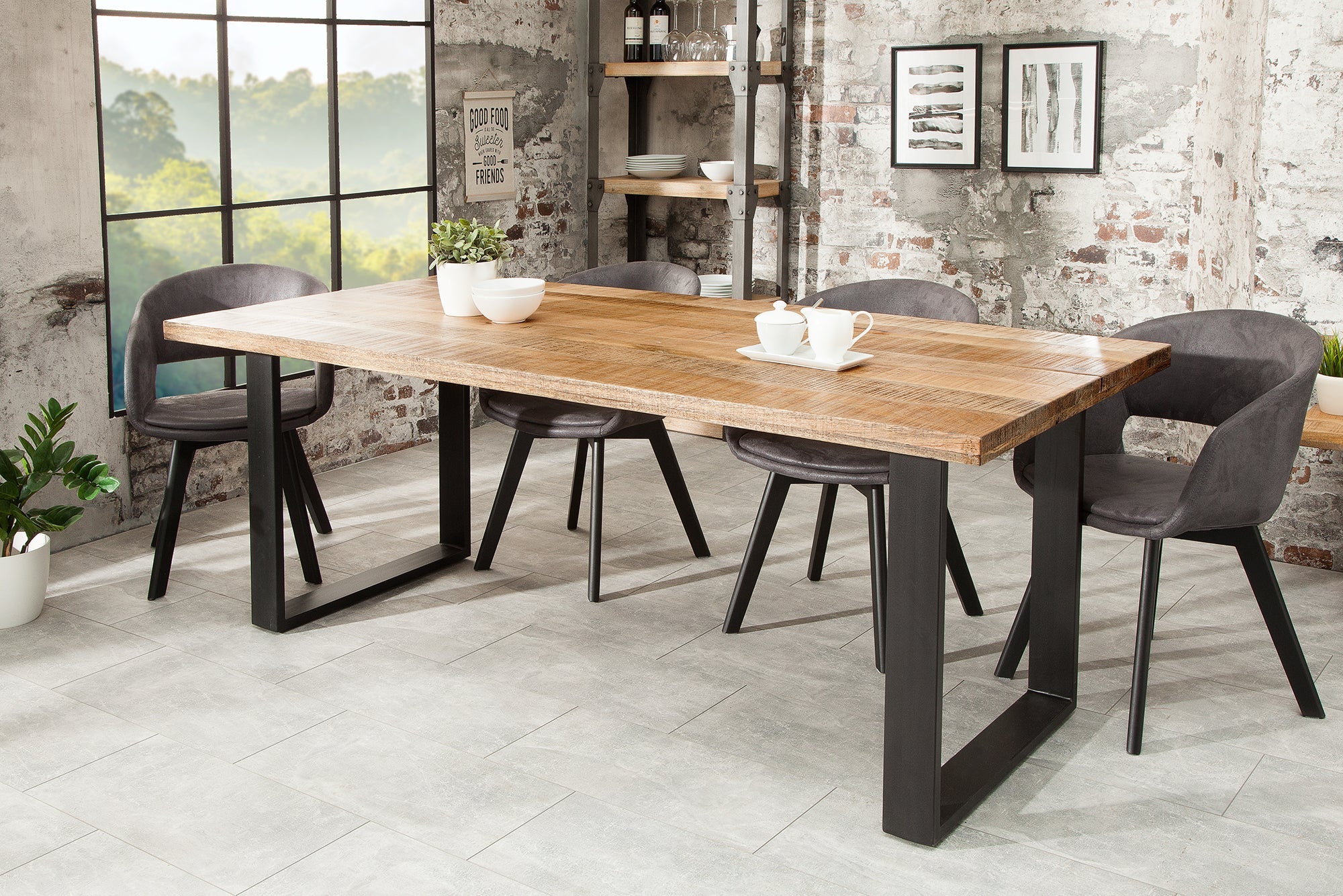 IRON CRAFT Mesa de comedor maciza de 200 cm en madera de mango natural, estructura voladiza de hierro, diseño industrial