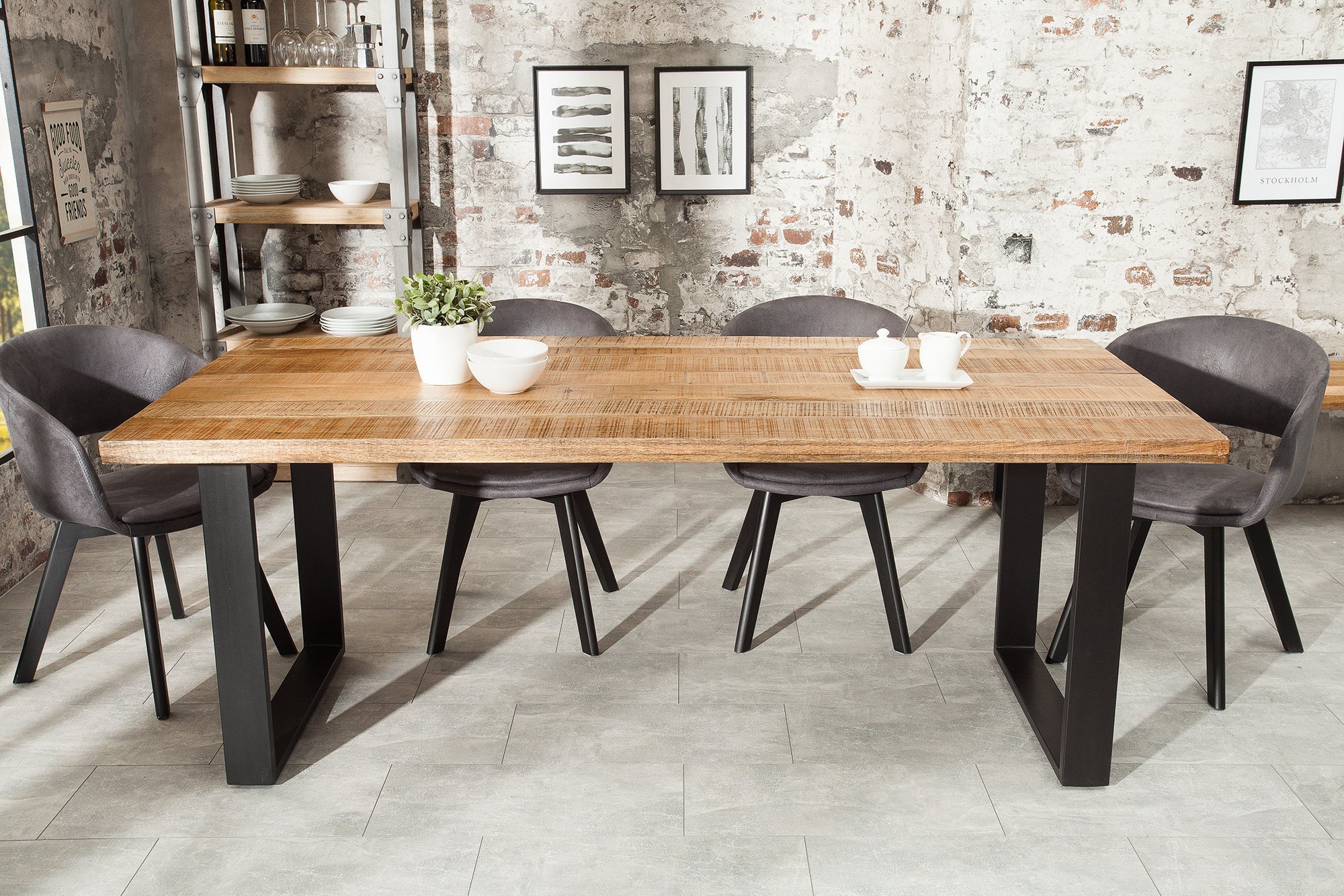 IRON CRAFT Mesa de comedor maciza de 200 cm en madera de mango natural, estructura voladiza de hierro, diseño industrial