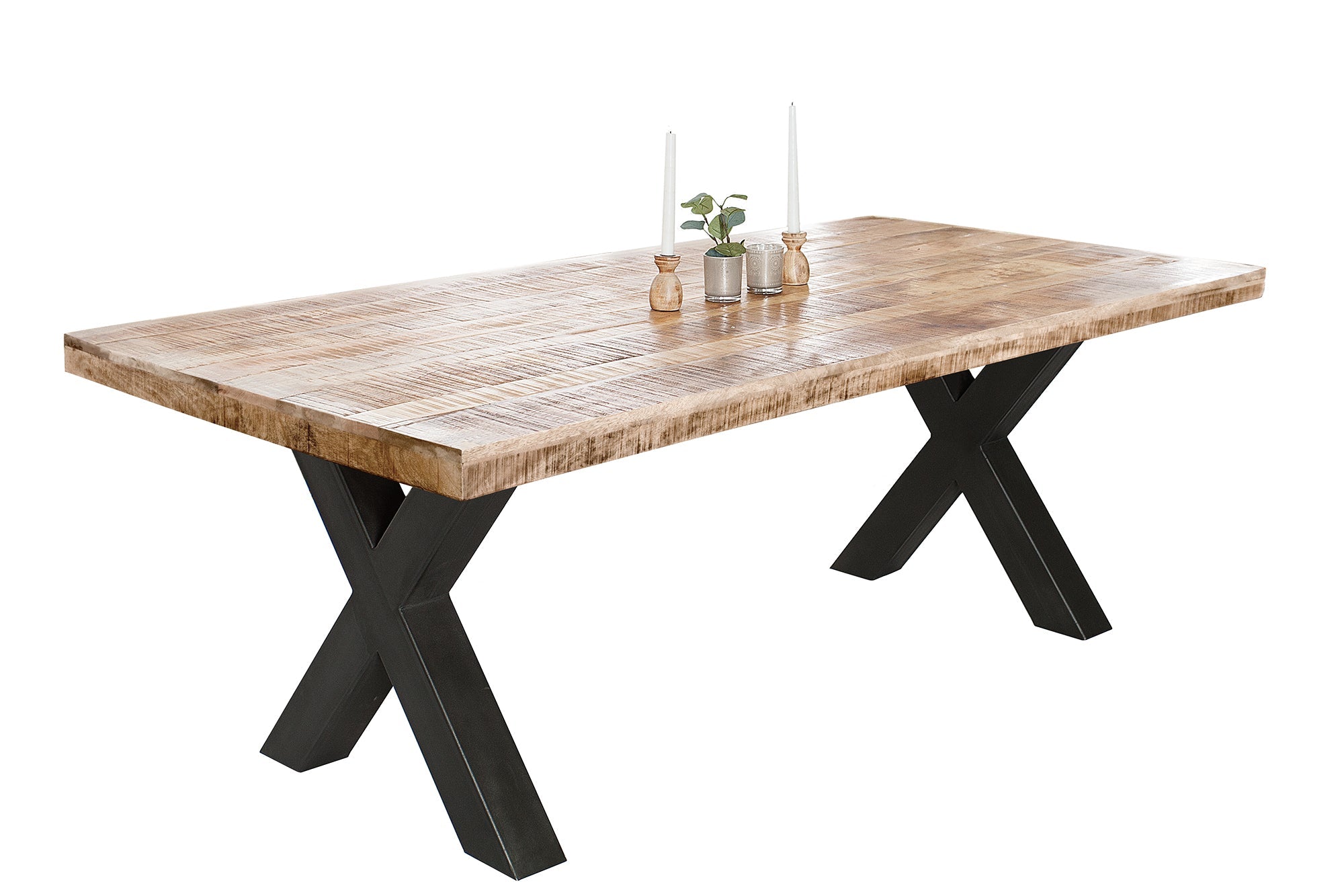 Table à manger solide IRON CRAFT 200cm en bois de manguier naturel design industriel structure en X métal noir