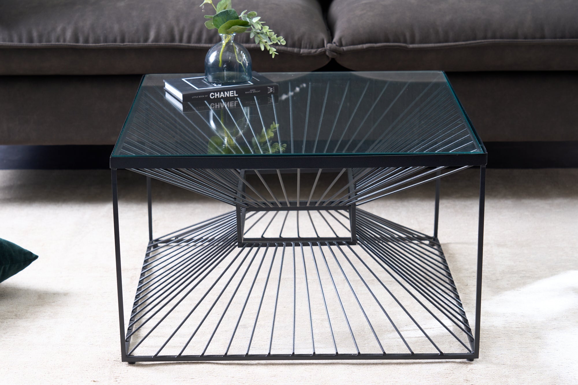 ILLUSION mesa de centro abstracta 60cm metal negro cristal hecho a mano diseño moderno
