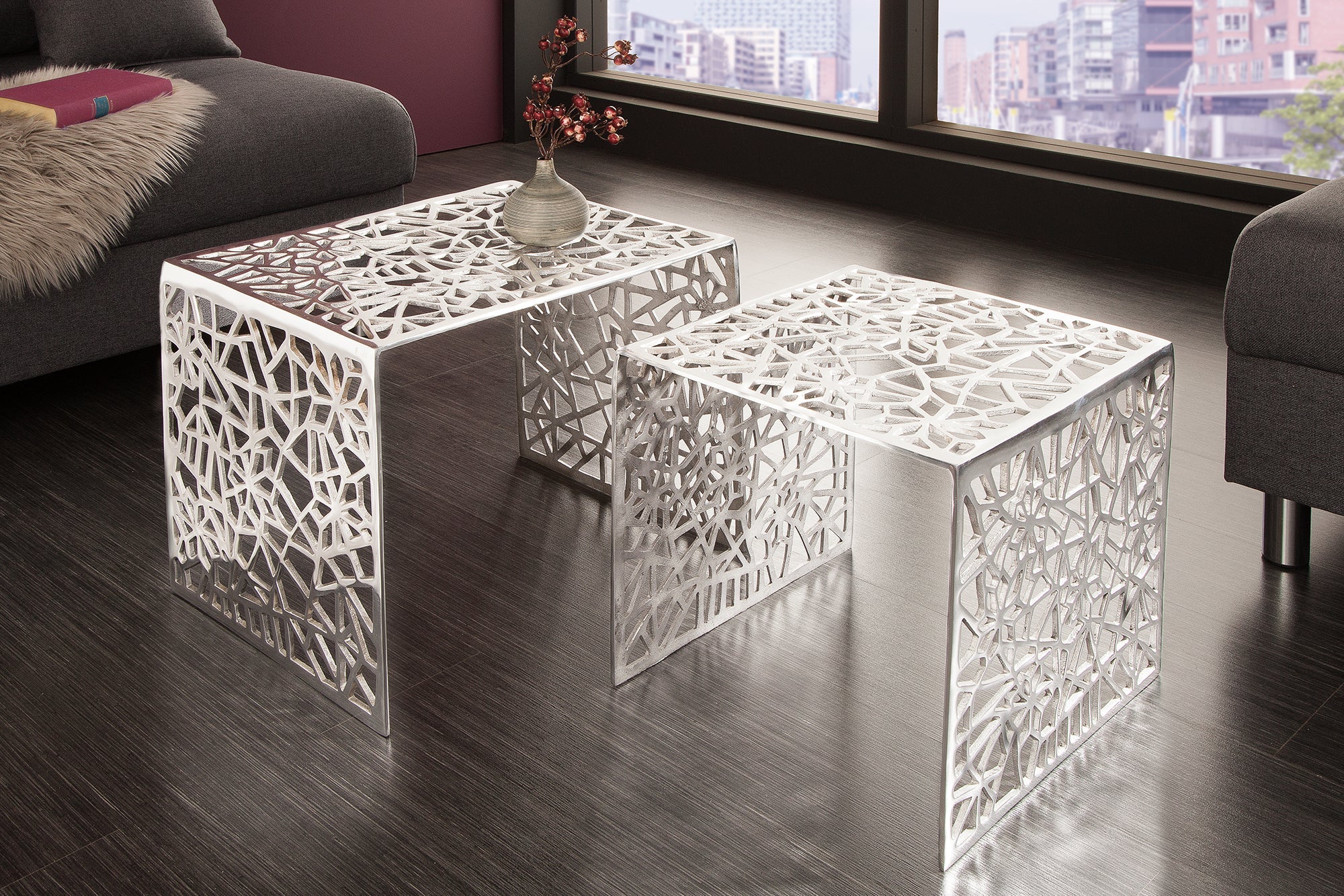Table basse artisanale ABSTRACT 49cm lot de 2 argent au design Gap