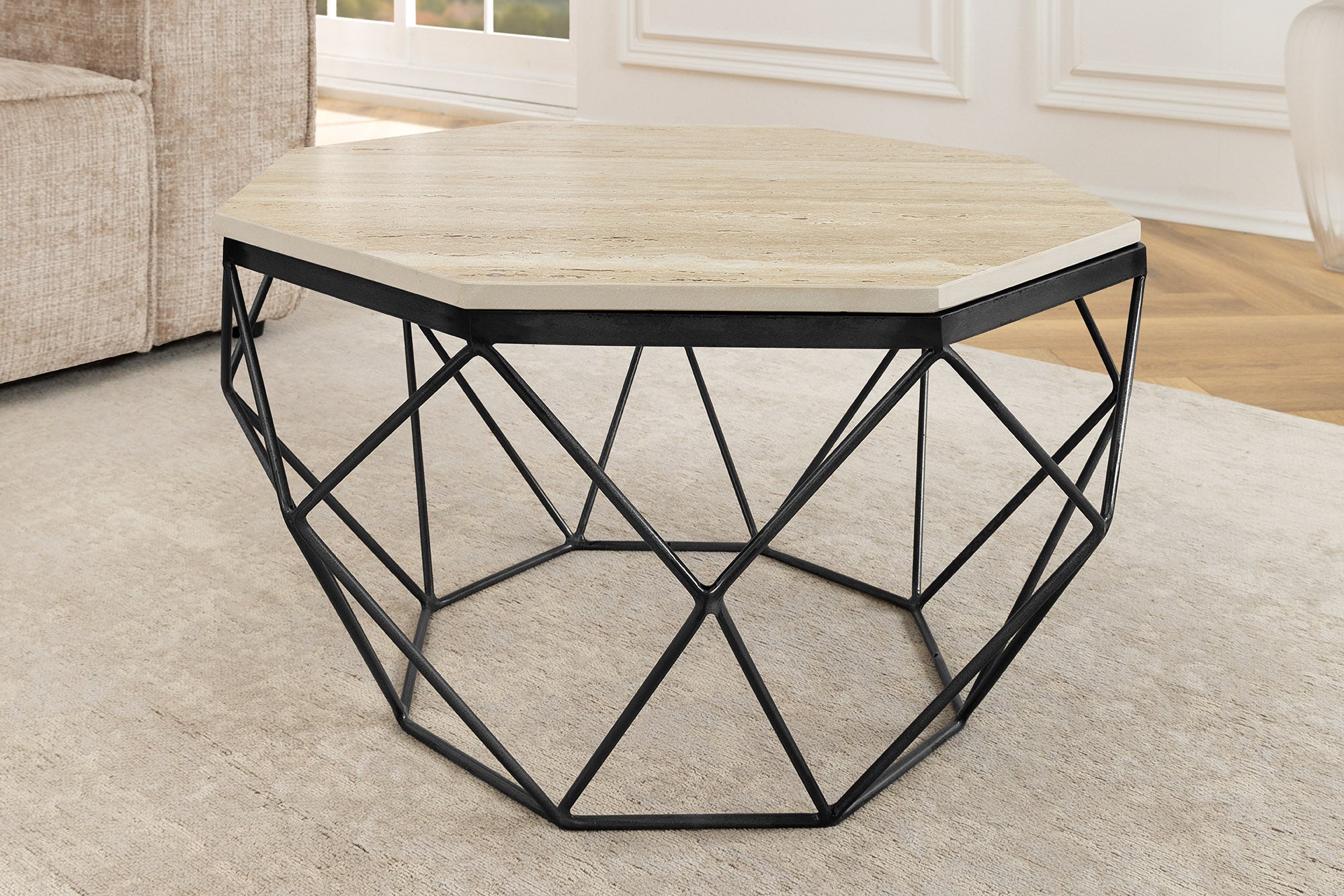 Table basse artisanale DIAMOND 70cm beige travertin fer noir