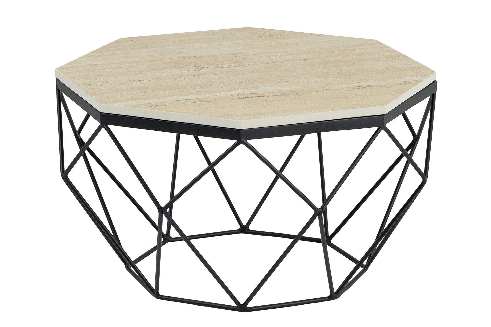Table basse artisanale DIAMOND 70cm beige travertin fer noir