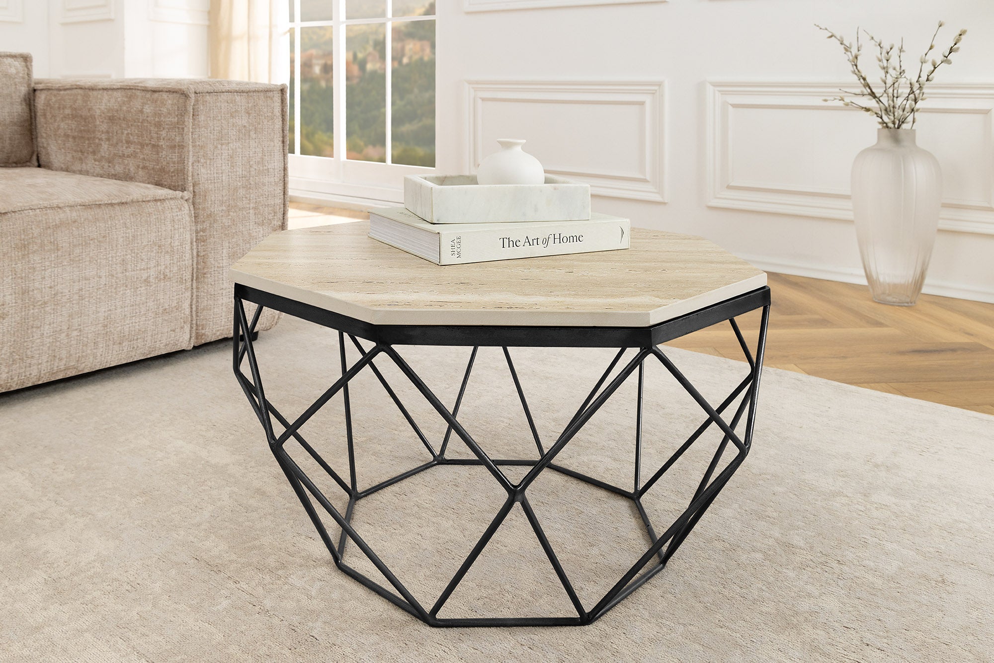 Table basse artisanale DIAMOND 70cm beige travertin fer noir