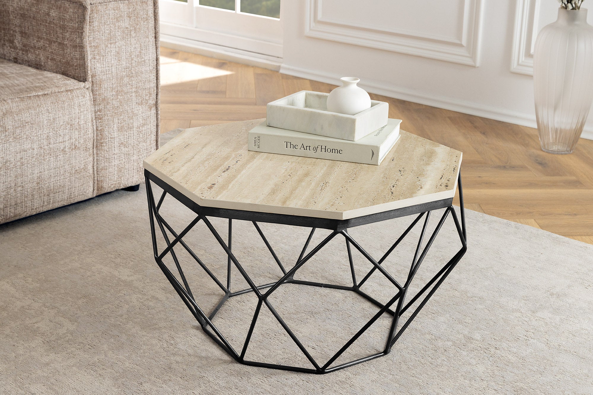 Table basse artisanale DIAMOND 70cm beige travertin fer noir