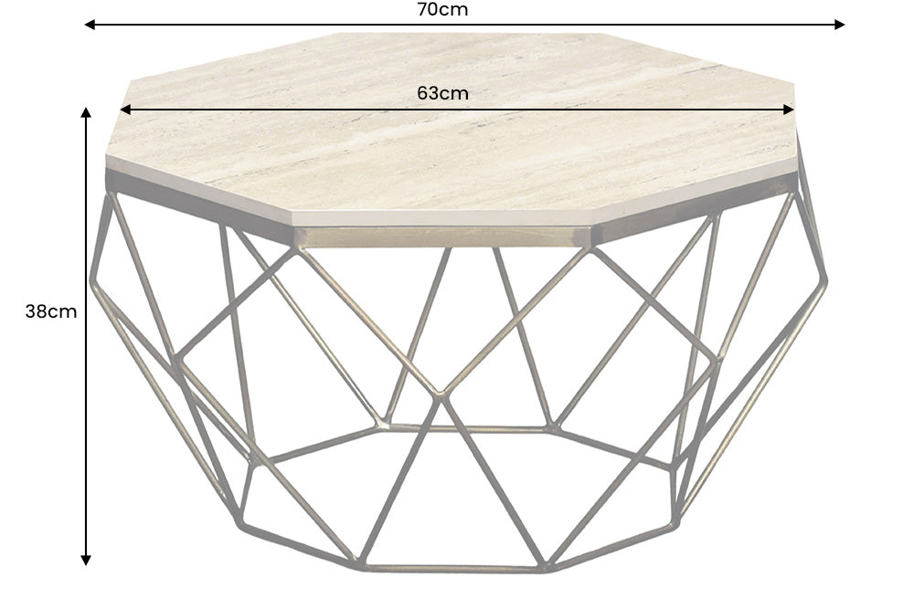 Table basse artisanale DIAMOND 70cm beige travertin fer noir
