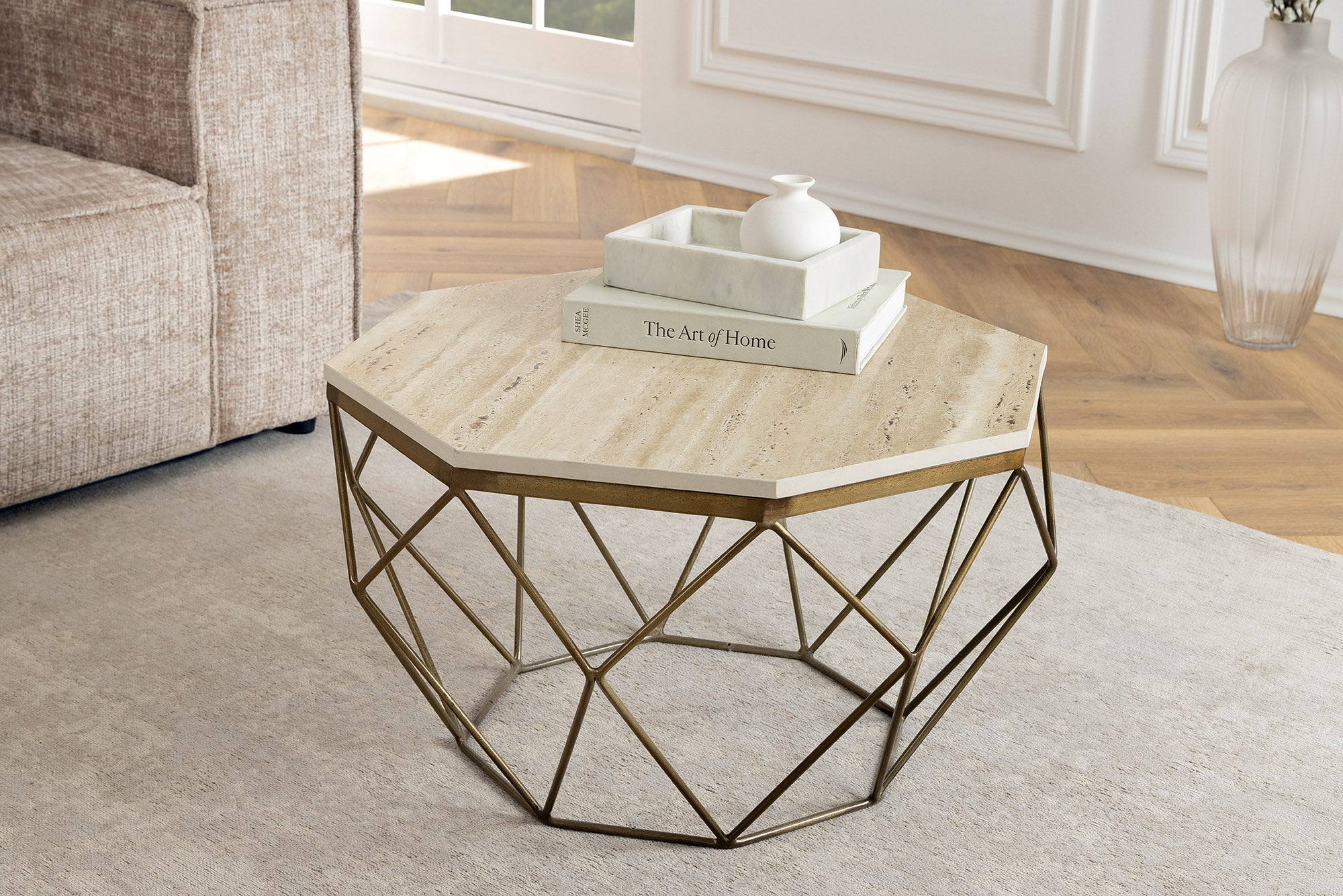 Table basse artisanale DIAMOND 70cm beige travertin laiton fer