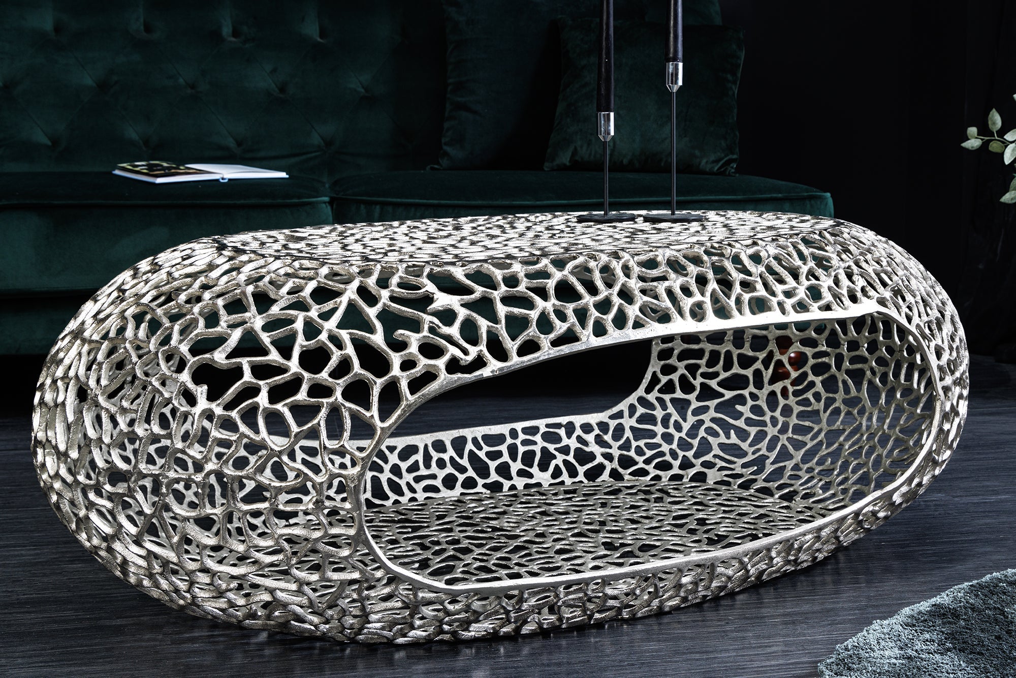 ORGANIC Mesa de centro artesanal de 120 cm con diseño de hoja de metal plateado y espacio de almacenamiento