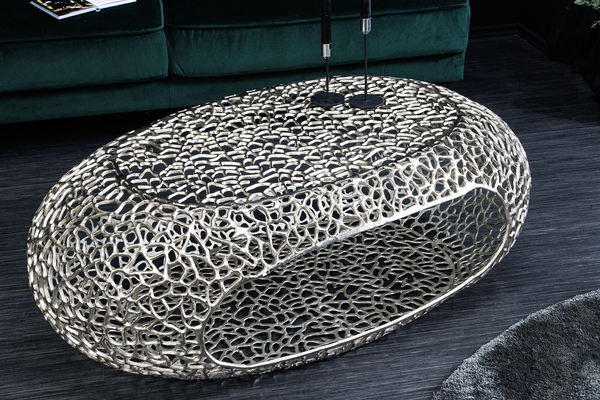 ORGANIC Mesa de centro artesanal de 120 cm con diseño de hoja de metal plateado y espacio de almacenamiento
