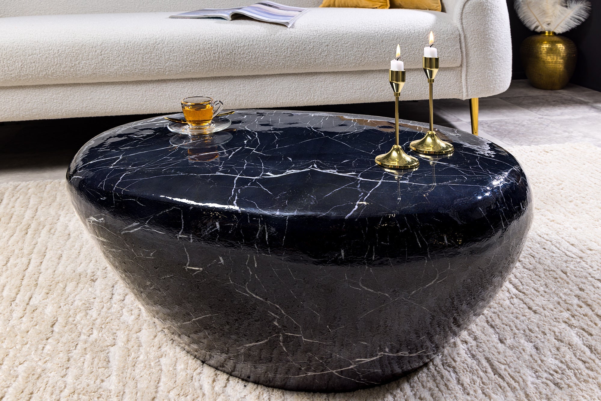 Table basse artisanale STONE 75cm design marbre noir métal