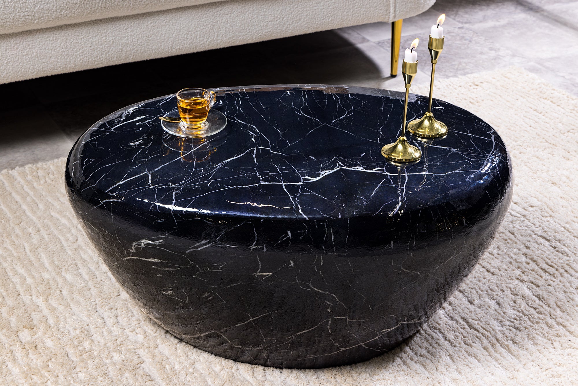 Table basse artisanale STONE 75cm design marbre noir métal