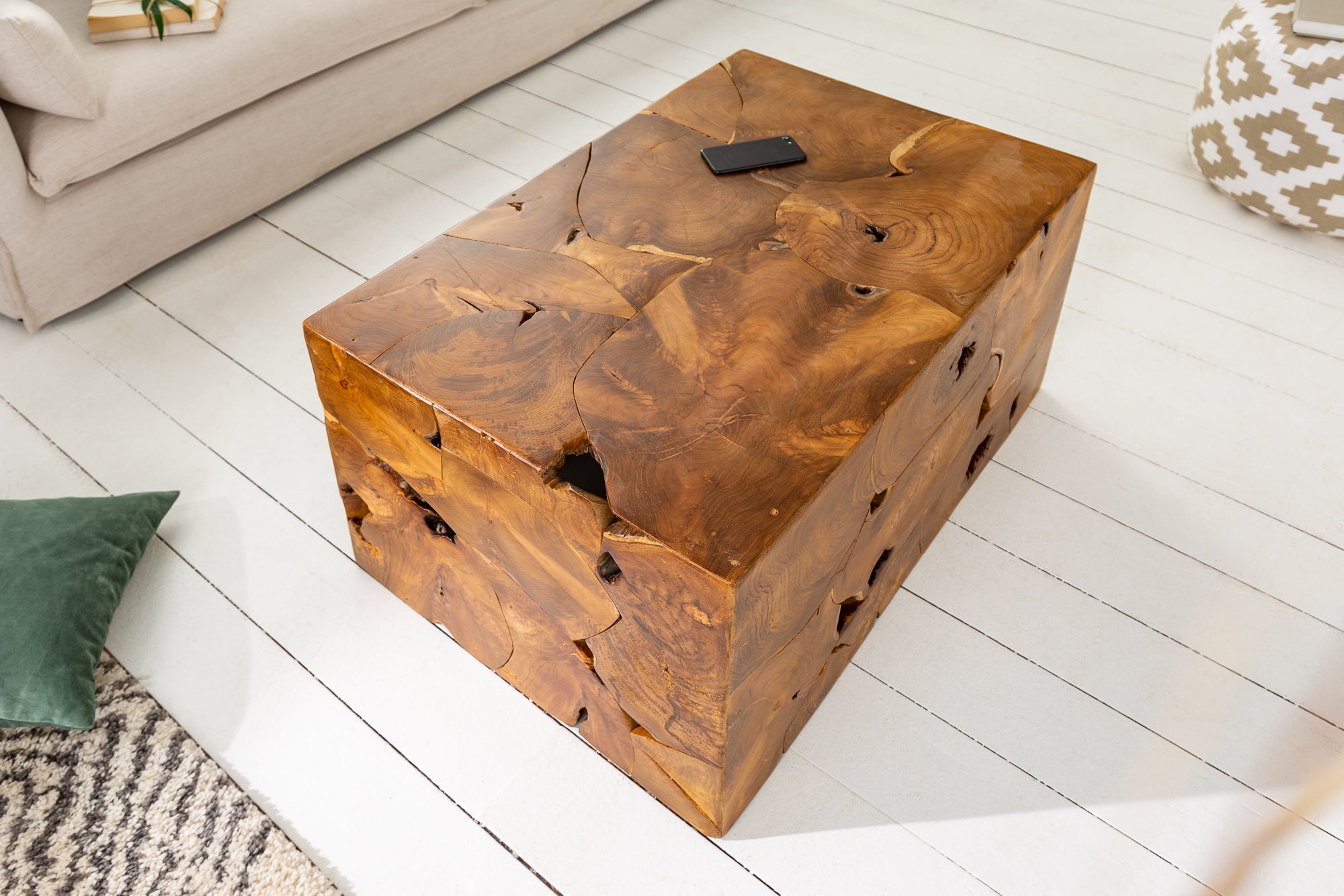 Table basse carrée massive en teck cube de 90 cm fabriquée à la main