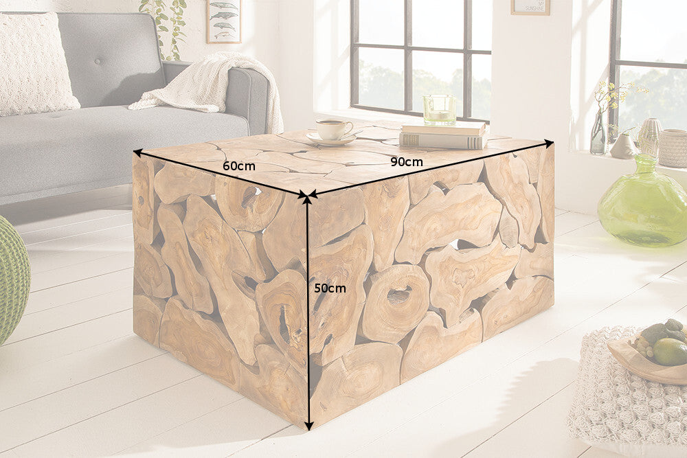 Table basse carrée massive en teck cube de 90 cm fabriquée à la main