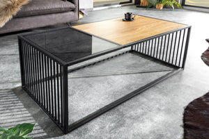 Table basse design ARCHITECTURE 100cm chêne sauvage noir verre fumé métal bois